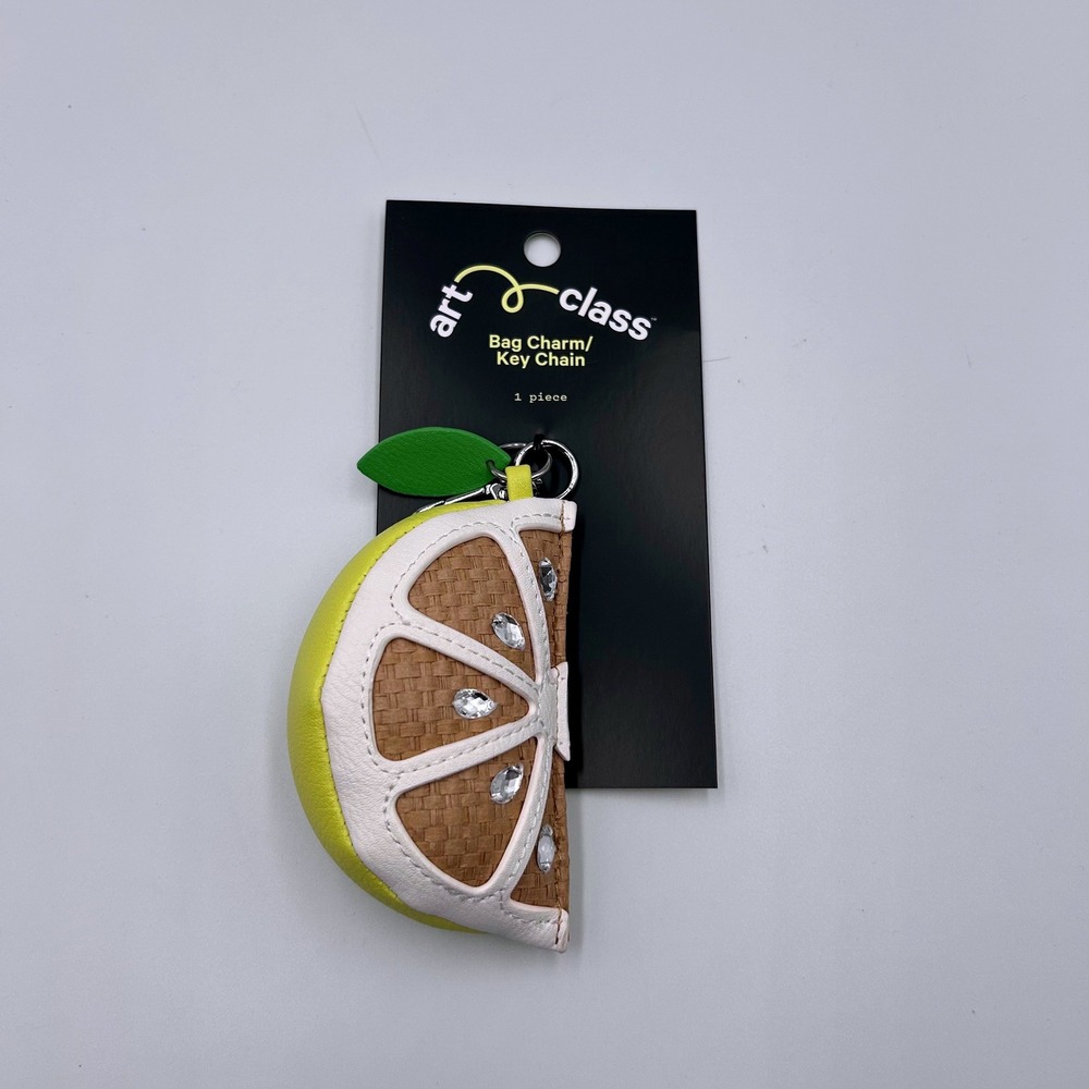 Art Class Yellow Lemon Slice Bag Charm Keychain Rhinestone Fruit Accessory NEW